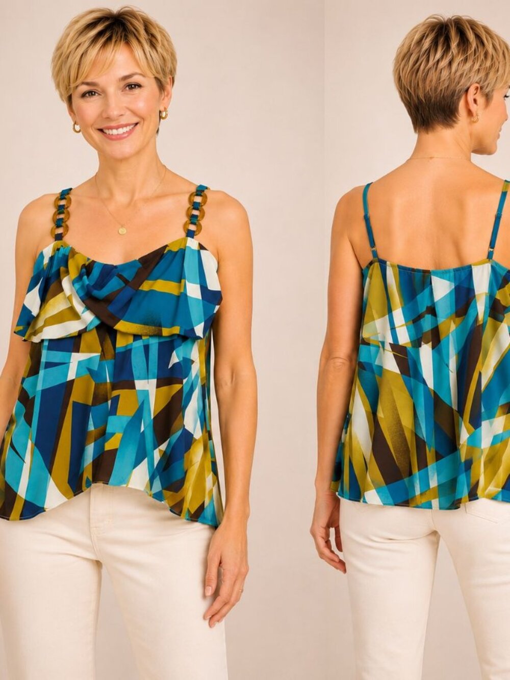 Nine West 100% Silk Geometric Print Cami Top Size 8 Blue Gold Ruffle Neck Sleeve
